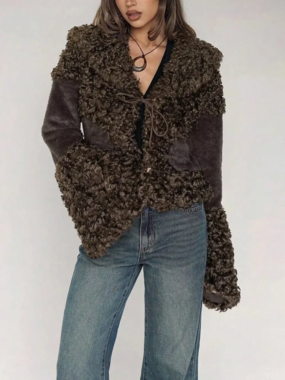 Brown Casual Women's Curly Faux Fur Collar Patchwork Open Front Short Jacket - Picture 4 of 6